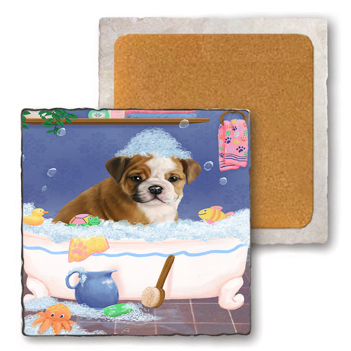 Rub A Dub Dog In A Tub Bulldog Set of 4 Natural Stone Marble Tile Coasters MCST52328