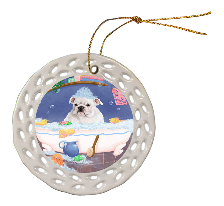 Rub A Dub Dog In A Tub Bulldog Doily Ornament DPOR58220