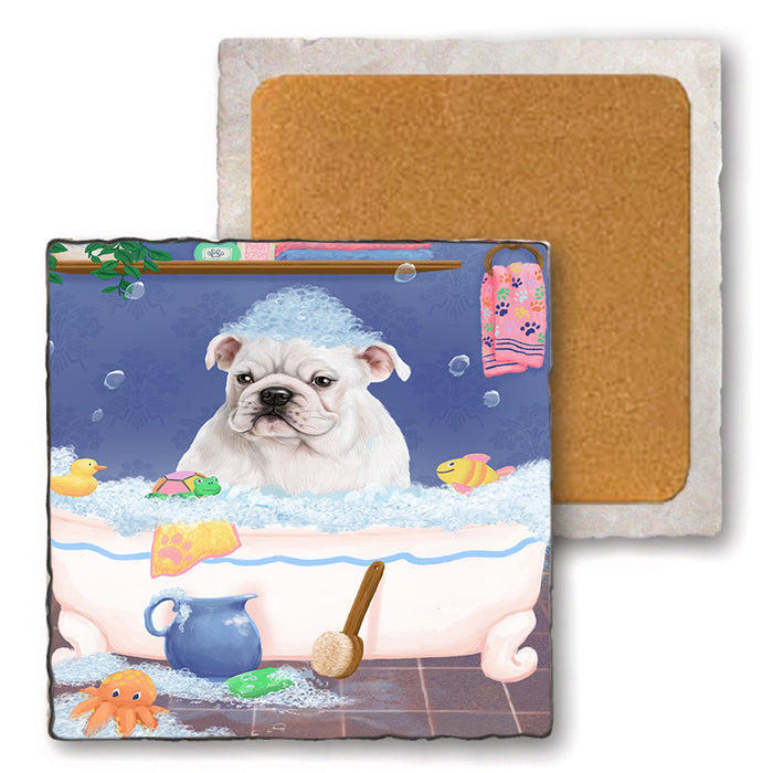 Rub A Dub Dog In A Tub Bulldog Set of 4 Natural Stone Marble Tile Coasters MCST52329
