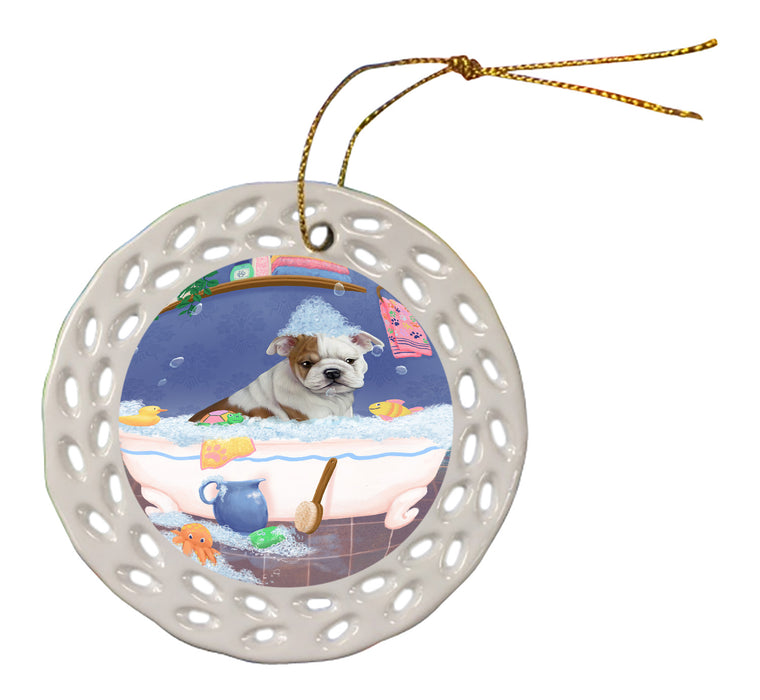 Rub A Dub Dog In A Tub Bulldog Doily Ornament DPOR58221
