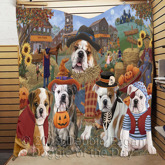 Halloween 'Round Town and Fall Pumpkin Scarecrow Both Bulldog Dogs Quilt