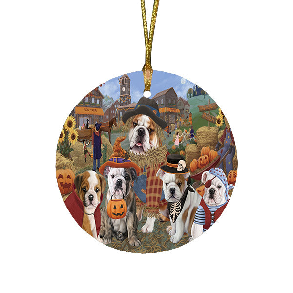 Halloween 'Round Town And Fall Pumpkin Scarecrow Both BullDogs Round Flat Christmas Ornament RFPOR57387