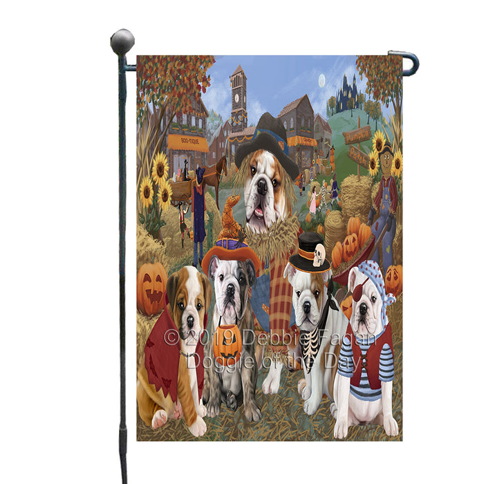 Halloween 'Round Town And Fall Pumpkin Scarecrow Both BullDogs Garden Flag GFLG65583