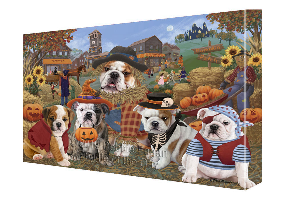 Halloween 'Round Town And Fall Pumpkin Scarecrow Both BullDogs Canvas Print Wall Art Décor CVS139436
