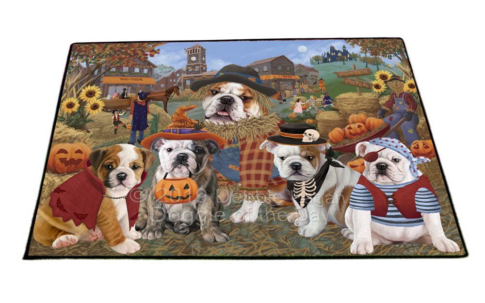 Halloween 'Round Town And Fall Pumpkin Scarecrow Both BullDogs Floormat FLMS53894