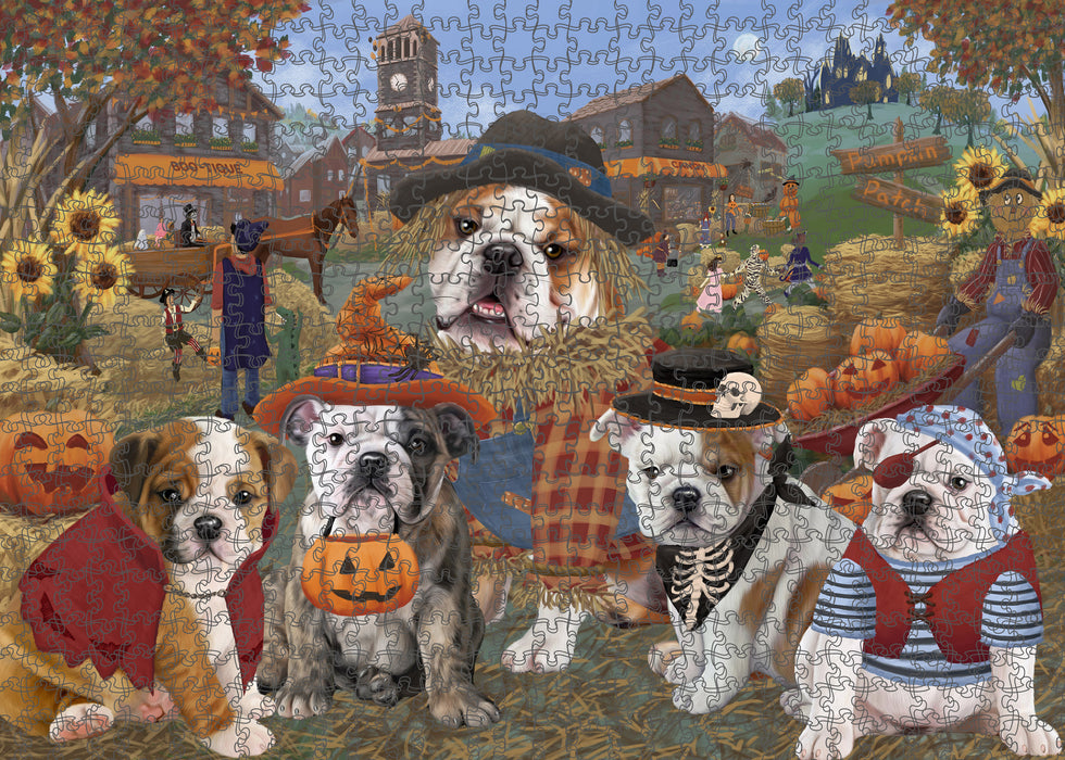 Halloween 'Round Town And Fall Pumpkin Scarecrow Both BullDogs Puzzle with Photo Tin PUZL96240