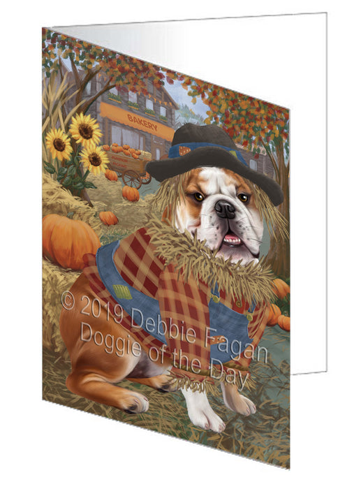 Fall Pumpkin Scarecrow BullDog Handmade Artwork Assorted Pets Greeting Cards and Note Cards with Envelopes for All Occasions and Holiday Seasons GCD77978