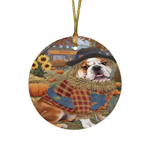 Halloween 'Round Town And Fall Pumpkin Scarecrow Both BullDogs Round Flat Christmas Ornament RFPOR57448