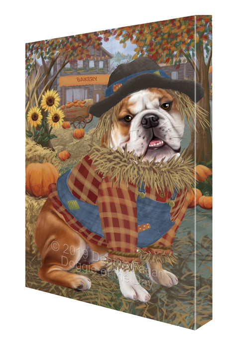 Halloween 'Round Town And Fall Pumpkin Scarecrow Both BullDogs Canvas Print Wall Art Décor CVS139985