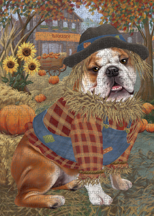 Halloween 'Round Town And Fall Pumpkin Scarecrow Both BullDogs Puzzle with Photo Tin PUZL96484