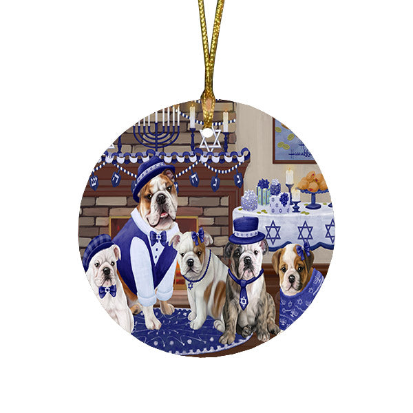 Happy Hanukkah Family and Happy Hanukkah Both Bulldogs Round Flat Christmas Ornament RFPOR57509
