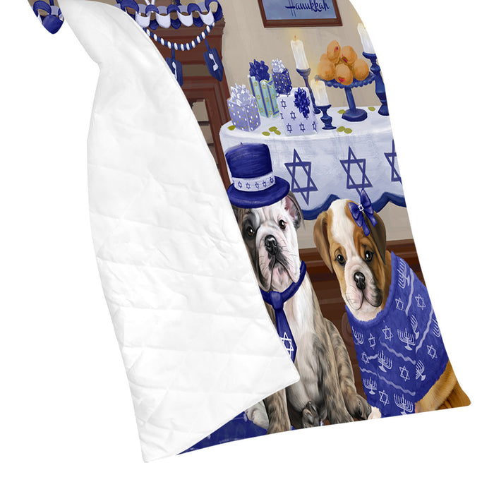 Happy Hanukkah Family and Happy Hanukkah Both Bulldog Dogs Quilt