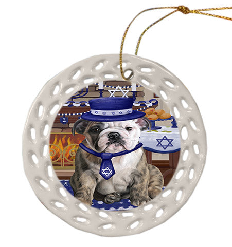 Happy Hanukkah Bulldog Ceramic Doily Ornament DPOR57661