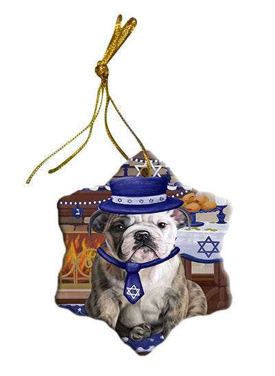 Happy Hanukkah Bulldog Star Porcelain Ornament SPOR57661