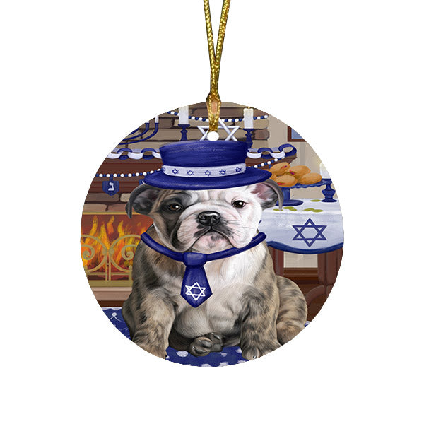 Happy Hanukkah Family and Happy Hanukkah Both Bulldog Round Flat Christmas Ornament RFPOR57565