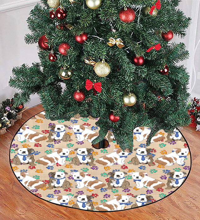 Rainbow Paw Print Bulldog Dogs Blue Christmas Tree Skirt
