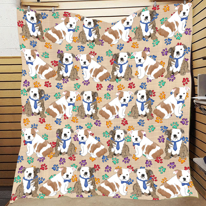 Rainbow Paw Print Bulldog Dogs Blue Quilt