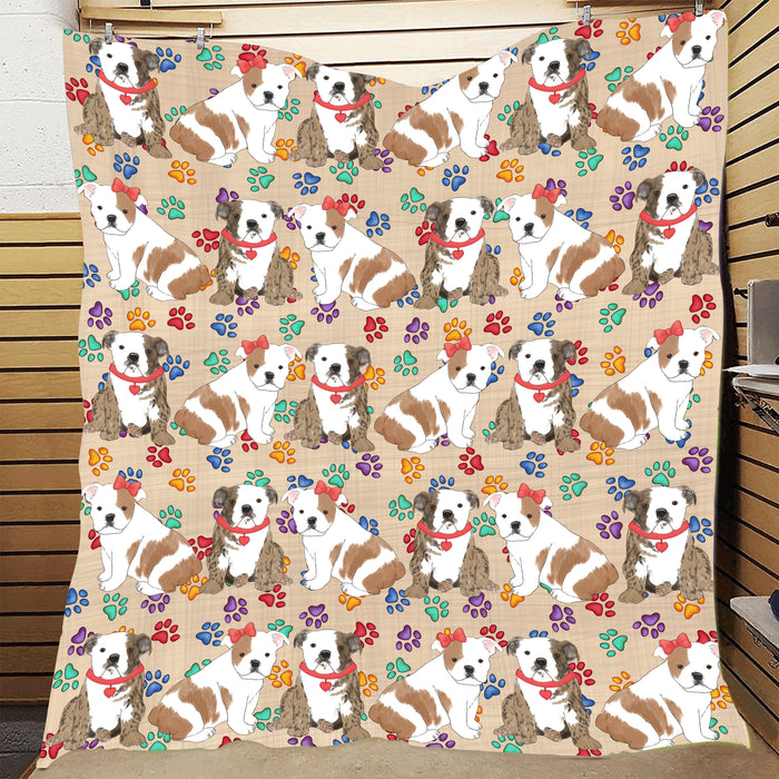 Rainbow Paw Print Bulldog Dogs Red Quilt