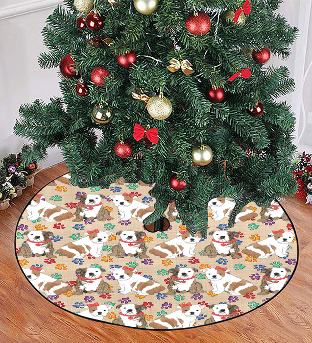 Rainbow Paw Print Bulldog Dogs Red Christmas Tree Skirt