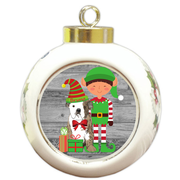 Custom Personalized Bulldog Elfie and Presents Christmas Round Ball Ornament