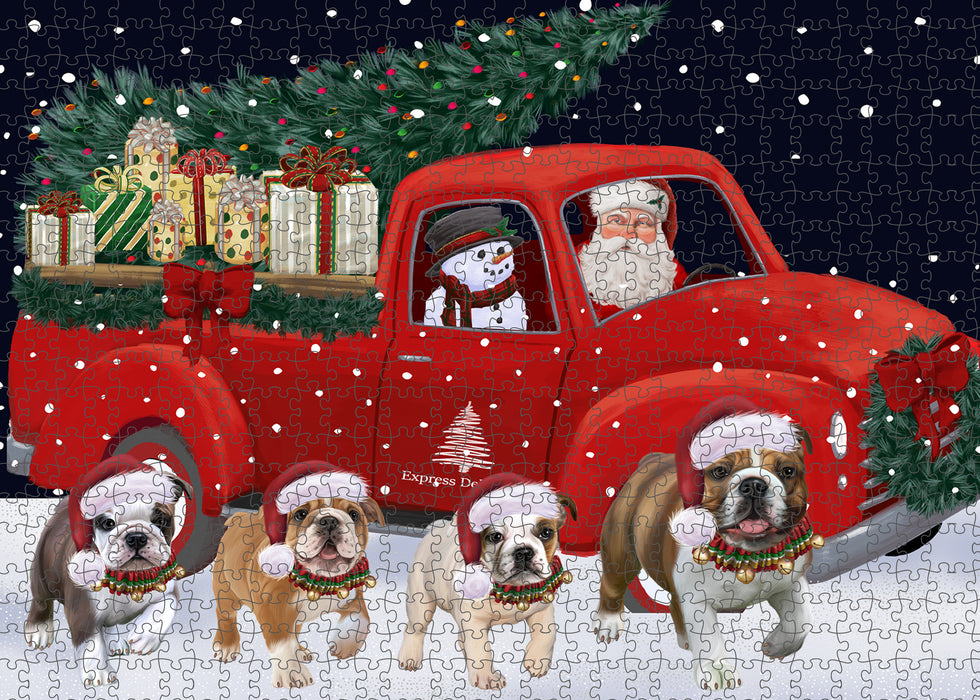 Christmas Express Delivery Red Truck Running Bulldogs Puzzle with Photo Tin PUZL99636