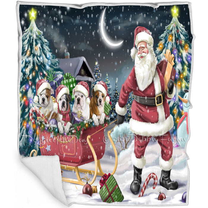 Merry Christmas Happy Holiday Santa Sled Bulldog Dogs Blanket D292