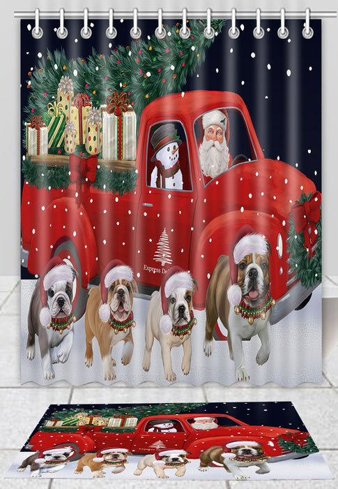 Christmas Express Delivery Red Truck Running Bulldogs Bath Mat and Shower Curtain Combo