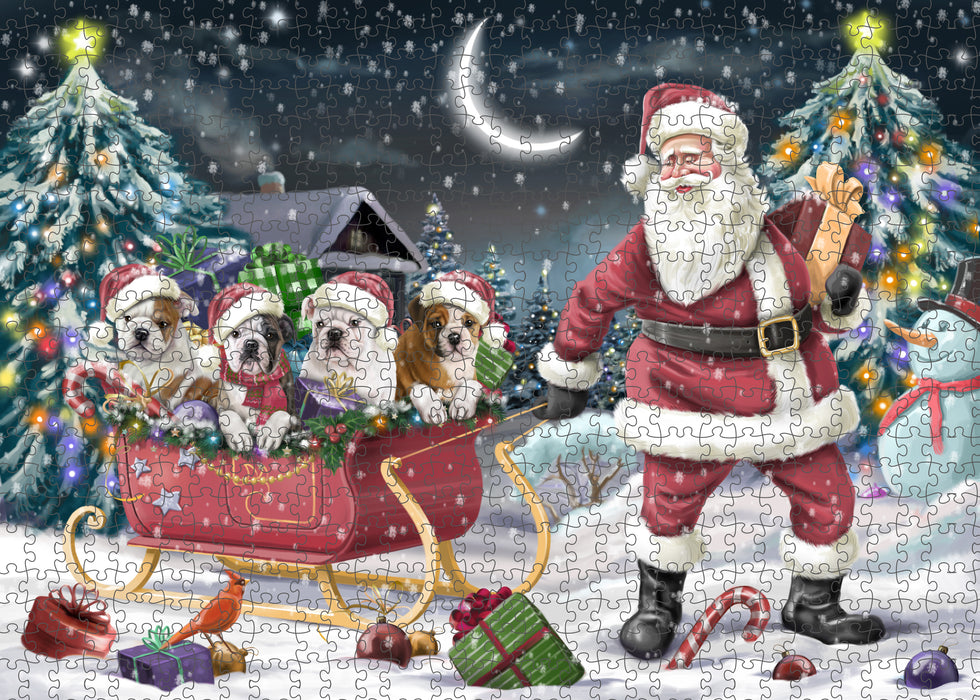 Christmas Santa Sled Bulldogs Portrait Jigsaw Puzzle for Adults Animal Interlocking Puzzle Game Unique Gift for Dog Lover's with Metal Tin Box