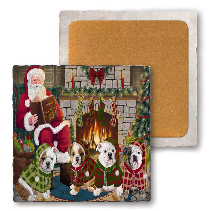 Christmas Cozy Holiday Tails Bulldogs Set of 4 Natural Stone Marble Tile Coasters MCST50111