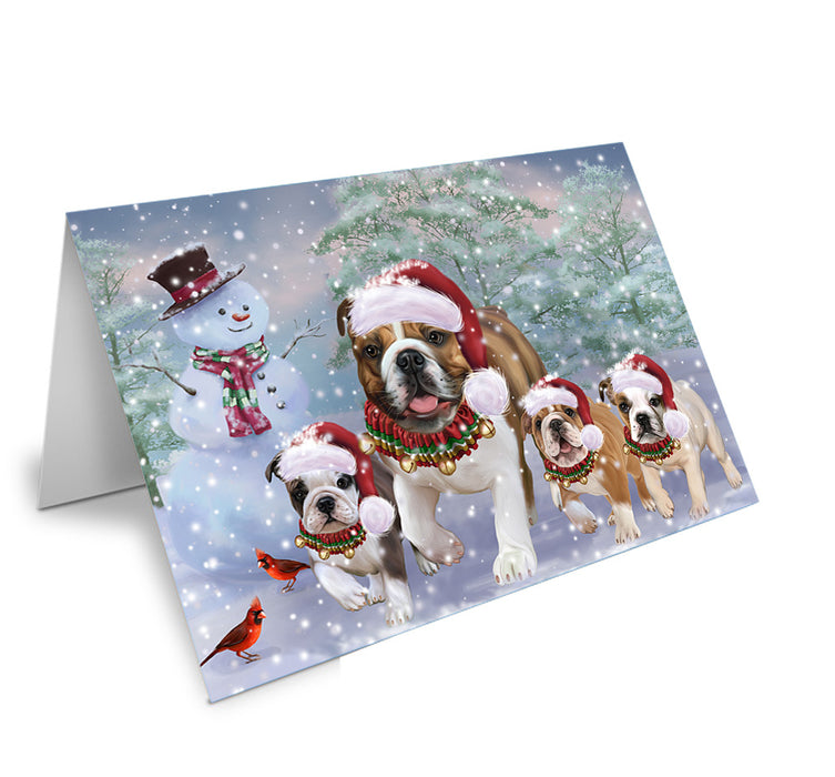 Christmas Running Family Bulldogs Dog Handmade Artwork Assorted Pets Greeting Cards and Note Cards with Envelopes for All Occasions and Holiday Seasons GCD74423