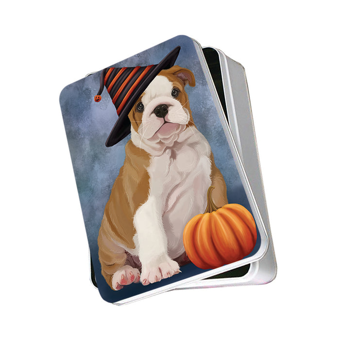 Happy Halloween Bulldog Wearing Witch Hat with Pumpkin Photo Storage Tin PITN54814