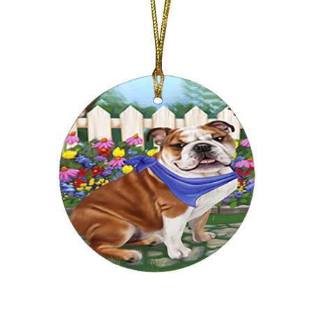 Spring Floral Bulldog Round Flat Christmas Ornament RFPOR49811