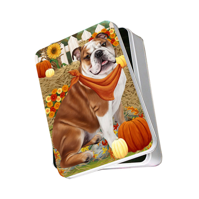 Fall Autumn Greeting Bulldog with Pumpkins Photo Storage Tin PITN50707