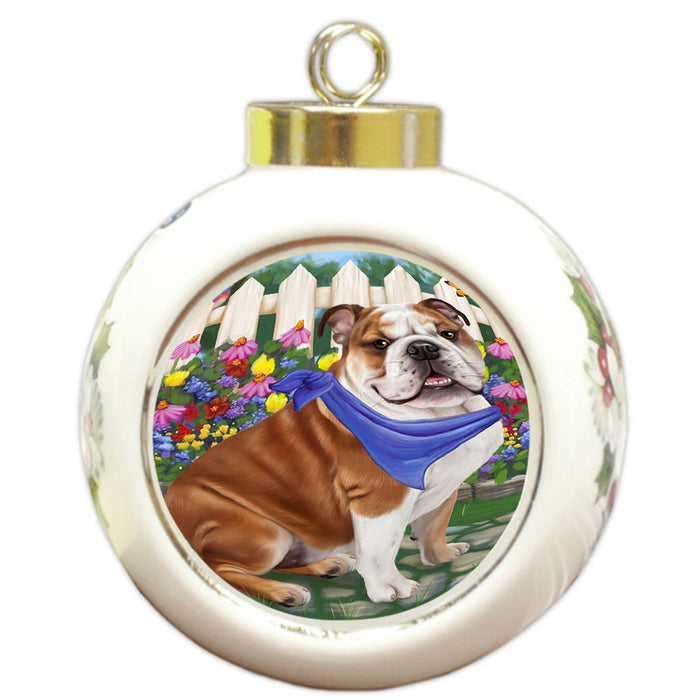 Spring Floral Bulldog Round Ball Christmas Ornament RBPOR49820