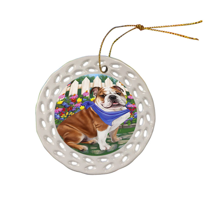 Spring Floral Bulldog Ceramic Doily Ornament DPOR49820
