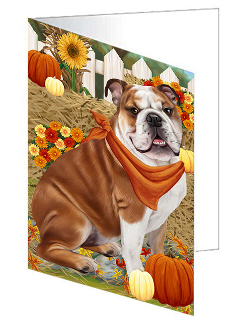 Fall Autumn Greeting Bulldog with Pumpkins Handmade Artwork Assorted Pets Greeting Cards and Note Cards with Envelopes for All Occasions and Holiday Seasons GCD56150