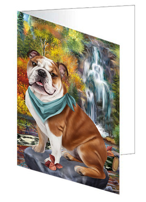 Scenic Waterfall Bulldog Handmade Artwork Assorted Pets Greeting Cards and Note Cards with Envelopes for All Occasions and Holiday Seasons GCD54506