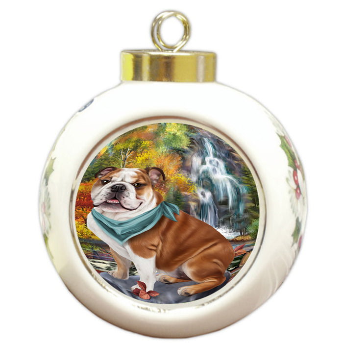 Scenic Waterfall Bulldog Round Ball Christmas Ornament RBPOR50159