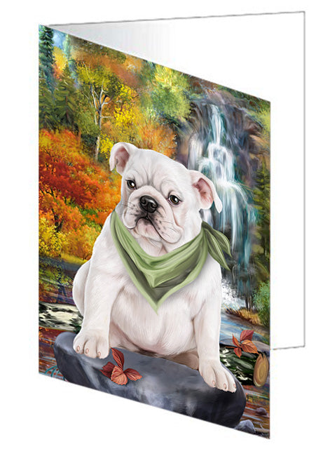 Scenic Waterfall Bulldog Handmade Artwork Assorted Pets Greeting Cards and Note Cards with Envelopes for All Occasions and Holiday Seasons GCD54509