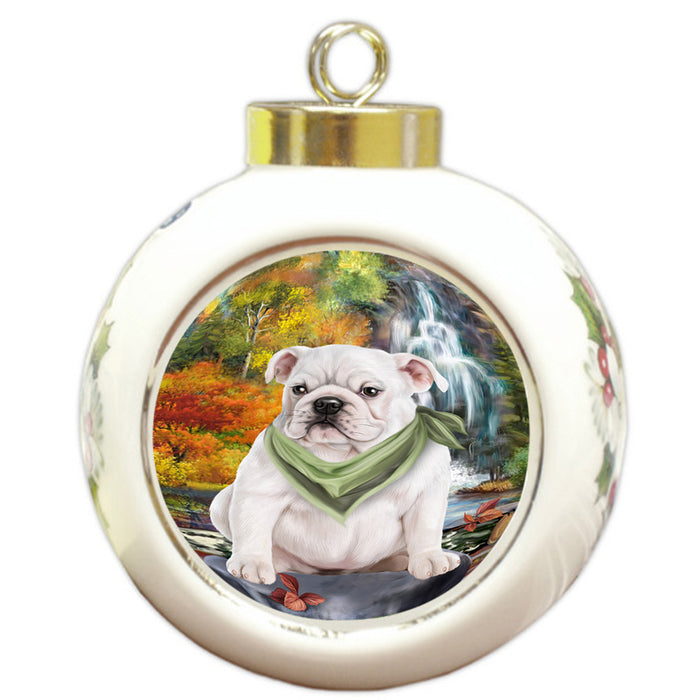 Scenic Waterfall Bulldog Round Ball Christmas Ornament RBPOR50160