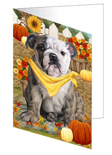 Fall Autumn Greeting Bulldog with Pumpkins Handmade Artwork Assorted Pets Greeting Cards and Note Cards with Envelopes for All Occasions and Holiday Seasons GCD56153