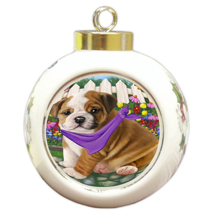 Spring Floral Bulldog Round Ball Christmas Ornament RBPOR49822