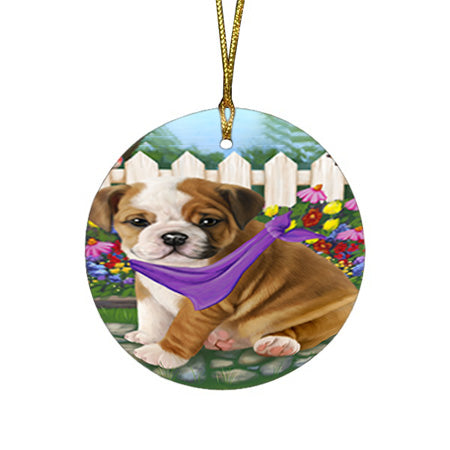 Spring Floral Bulldog Round Flat Christmas Ornament RFPOR49813