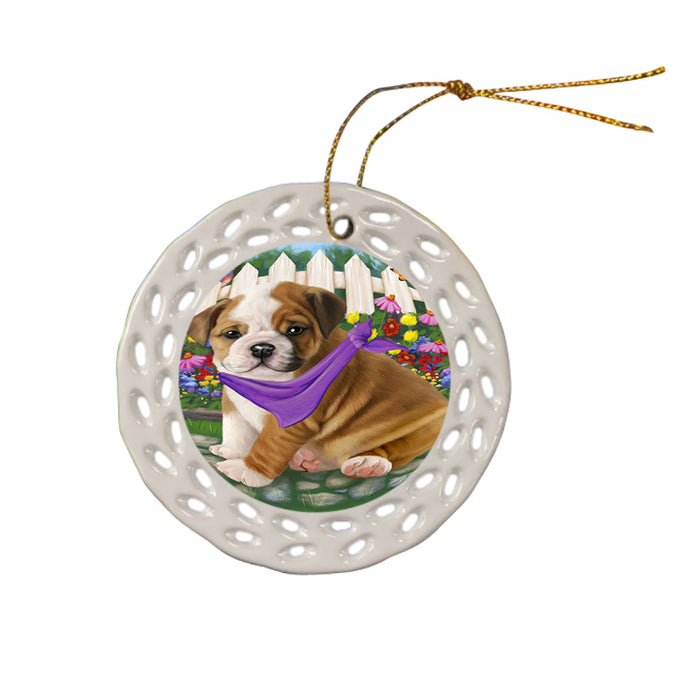 Spring Floral Bulldog Ceramic Doily Ornament DPOR49822