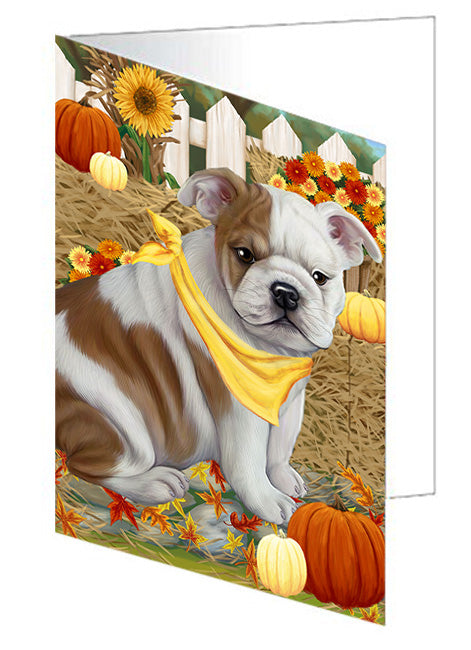 Fall Autumn Greeting Bulldog with Pumpkins Handmade Artwork Assorted Pets Greeting Cards and Note Cards with Envelopes for All Occasions and Holiday Seasons GCD56156