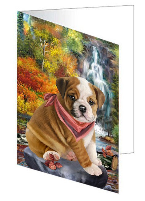 Scenic Waterfall Bulldog Handmade Artwork Assorted Pets Greeting Cards and Note Cards with Envelopes for All Occasions and Holiday Seasons GCD54512