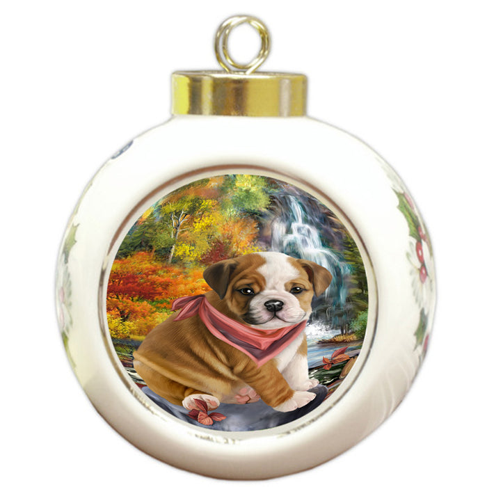 Scenic Waterfall Bulldog Round Ball Christmas Ornament RBPOR50161