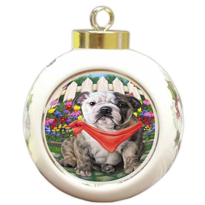 Spring Floral Bulldog Round Ball Christmas Ornament RBPOR49823