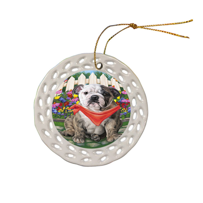 Spring Floral Bulldog Ceramic Doily Ornament DPOR49823