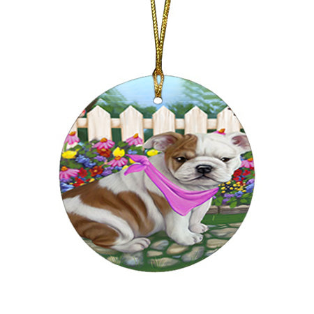 Spring Floral Bulldog Round Flat Christmas Ornament RFPOR49815